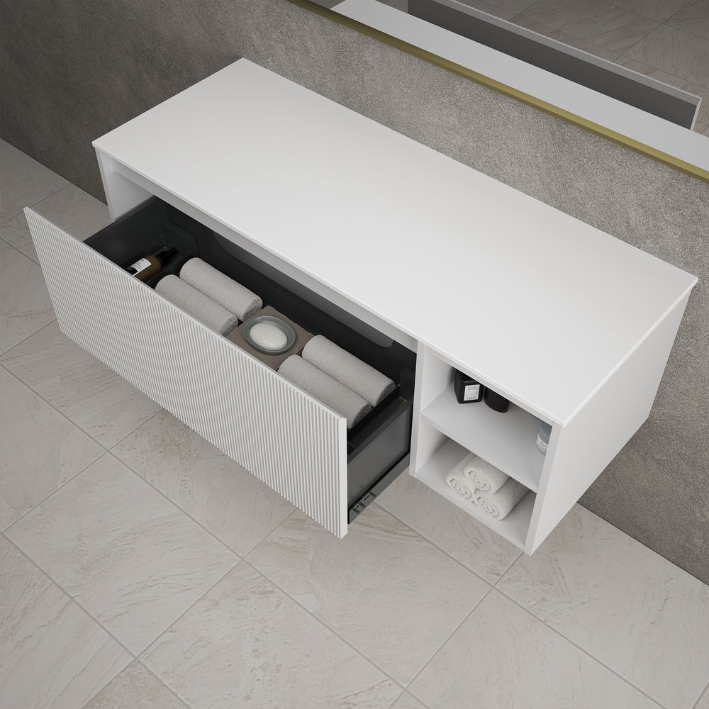 Scanalato Single Drawer Countertop Vanity Unit With Open Storage Space - Soft Grey 1200mm