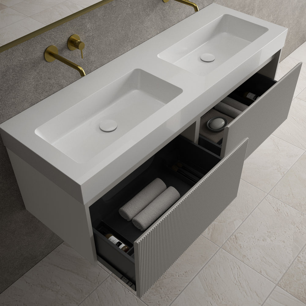 Scanalato Double Drawer Vanity Unit With Beyondstone BLOC Double Basin - Rich Taupe 1400mm