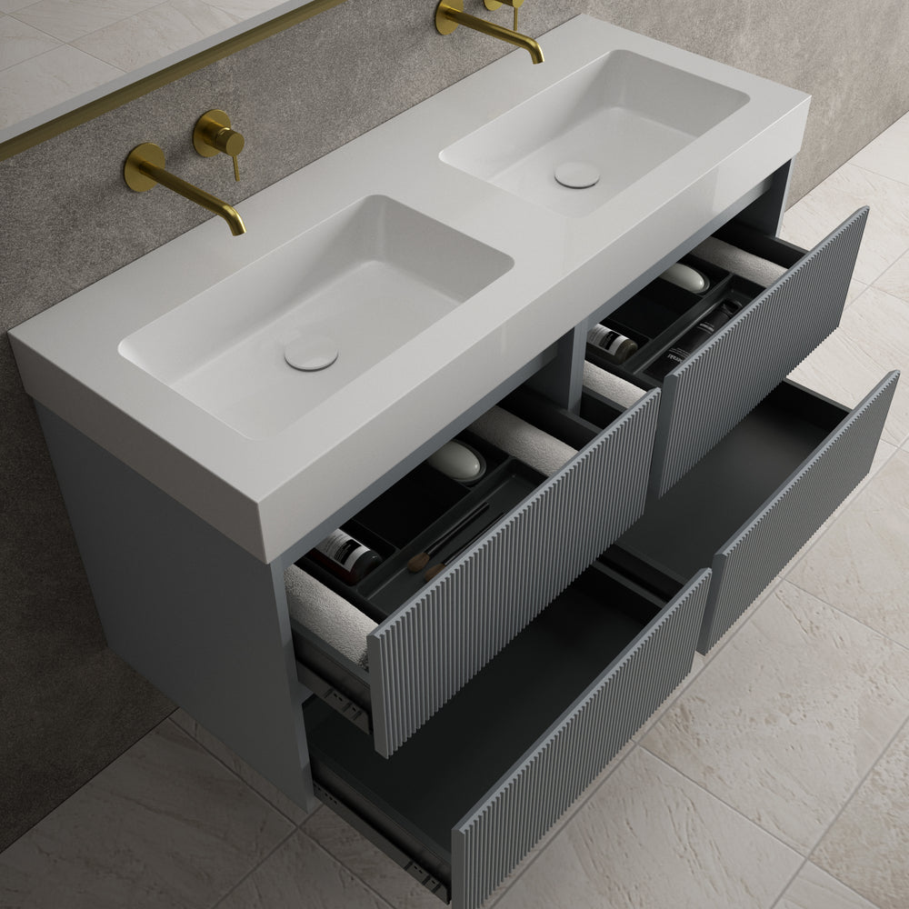 Scanalato Four Drawer Vanity Unit With Beyondstone BLOC Double Basin - Dove Grey 1200mm