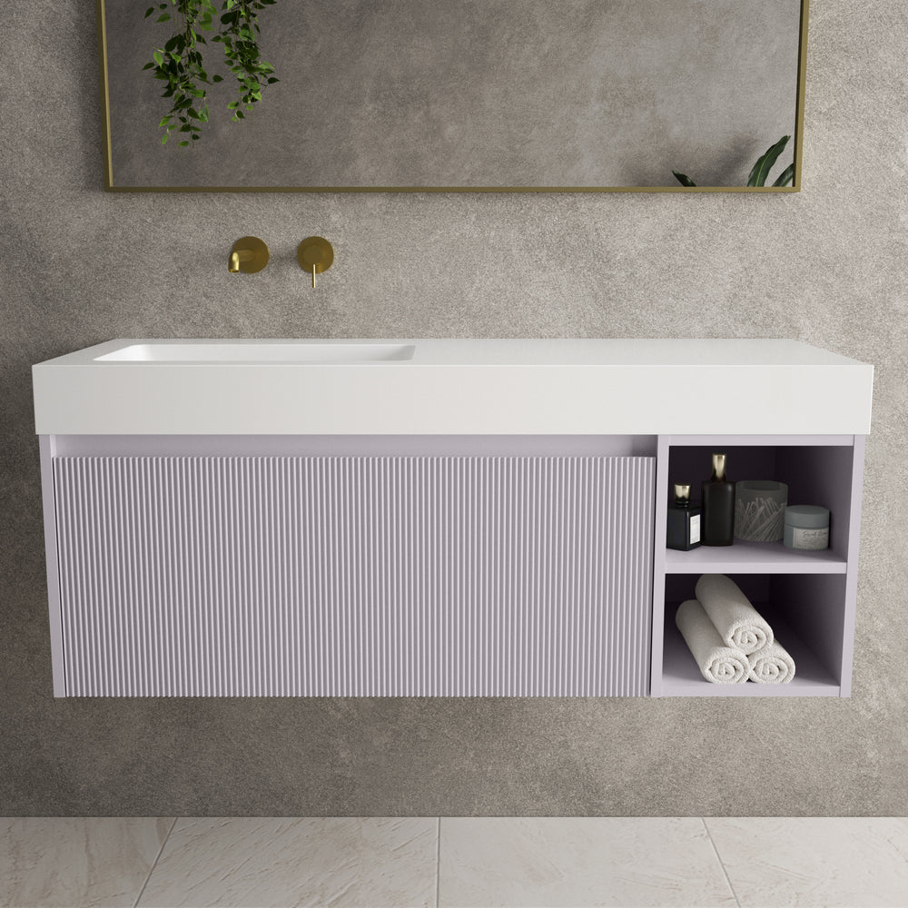Scanalato Single Drawer Vanity Unit With Open Storage Space And Beyondstone BLOC Basin - Soft Violet 1200mm