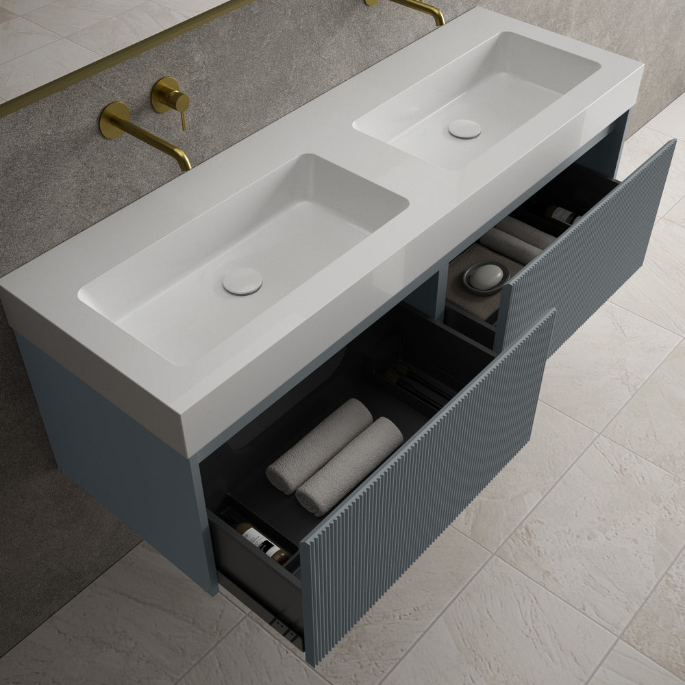 Scanalato Double Drawer Vanity Unit With Beyondstone BLOC Double Basin - Slate Grey 1400mm