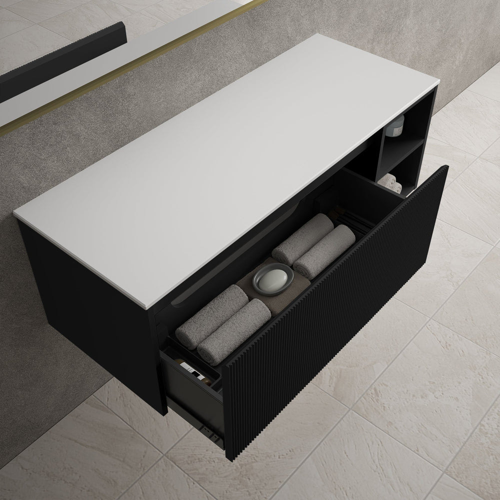 Scanalato Single Drawer Countertop Vanity Unit With Open Storage Space - Pure Black 1200mm
