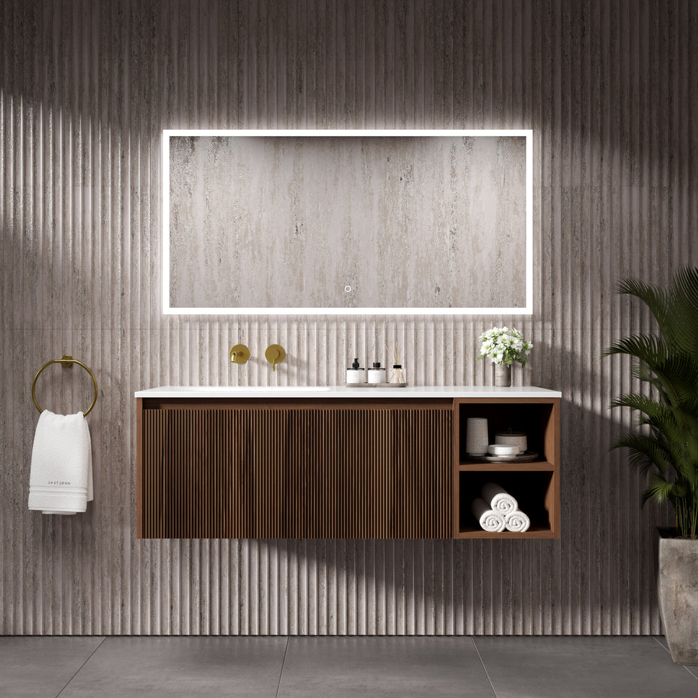 Scanalato Single Drawer Vanity Unit With Open Storage Space And Left hand Beyondstone Basin - Walnut 1200mm