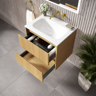 Scanalato Double Drawer Vanity Unit  With Beyondstone Basin - Oak 600mm