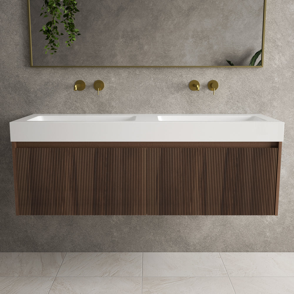 Scanalato Double Drawer Vanity Unit With Beyondstone BLOC Double Basin - Walnut 1400mm