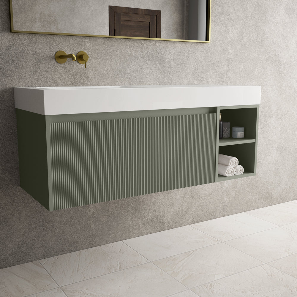 Scanalato Single Drawer Vanity Unit With Open Storage Space And Beyondstone BLOC Basin - Pistachio 1200mm