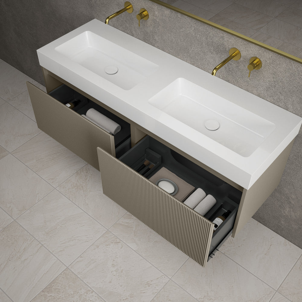 Scanalato Double Drawer Vanity Unit With Beyondstone BLOC Double Basin - Soft Taupe 1400mm