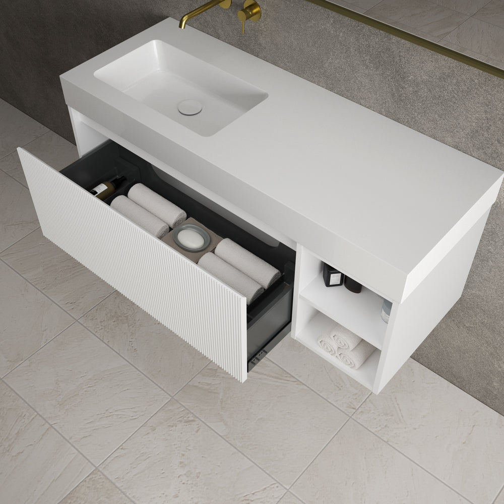 Scanalato Single Drawer Vanity Unit With Open Storage Space And Beyondstone BLOC Basin - Pure White 1200mm