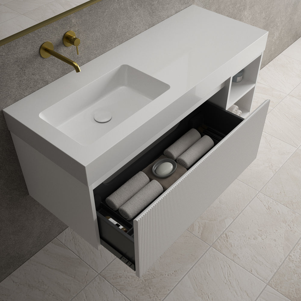 Scanalato Single Drawer Vanity Unit With Open Storage Space And Beyondstone BLOC Basin - Pure White 1200mm