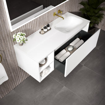 Scanalato Single Drawer Vanity Unit With Open Storage Space And Right Hand Beyondstone Basin - Pure White 1200mm