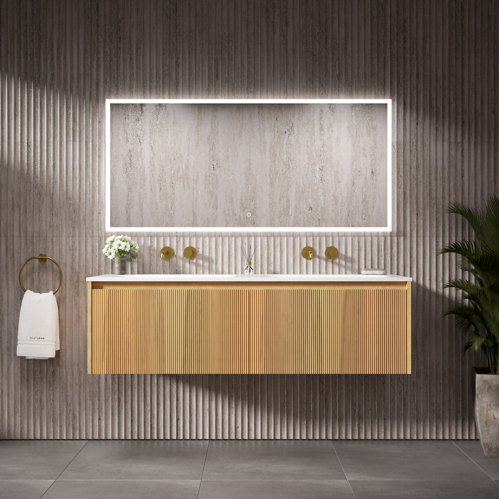 Scanalato Double Drawer Vanity Unit With Beyondstone Double Basin - Oak 1400mm