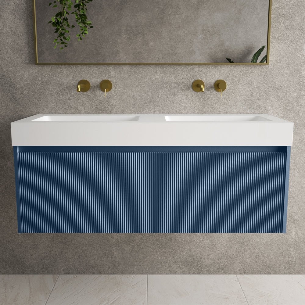 Scanalato Single Drawer Vanity Unit With Beyondstone BLOC Double Basin - Soft Blue 1200mm