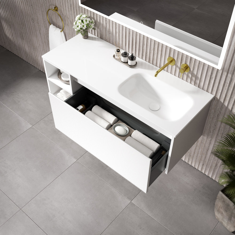 Scanalato Single Drawer Vanity Unit With Open Storage Space And Right Hand Beyondstone Basin - Pure White 1200mm