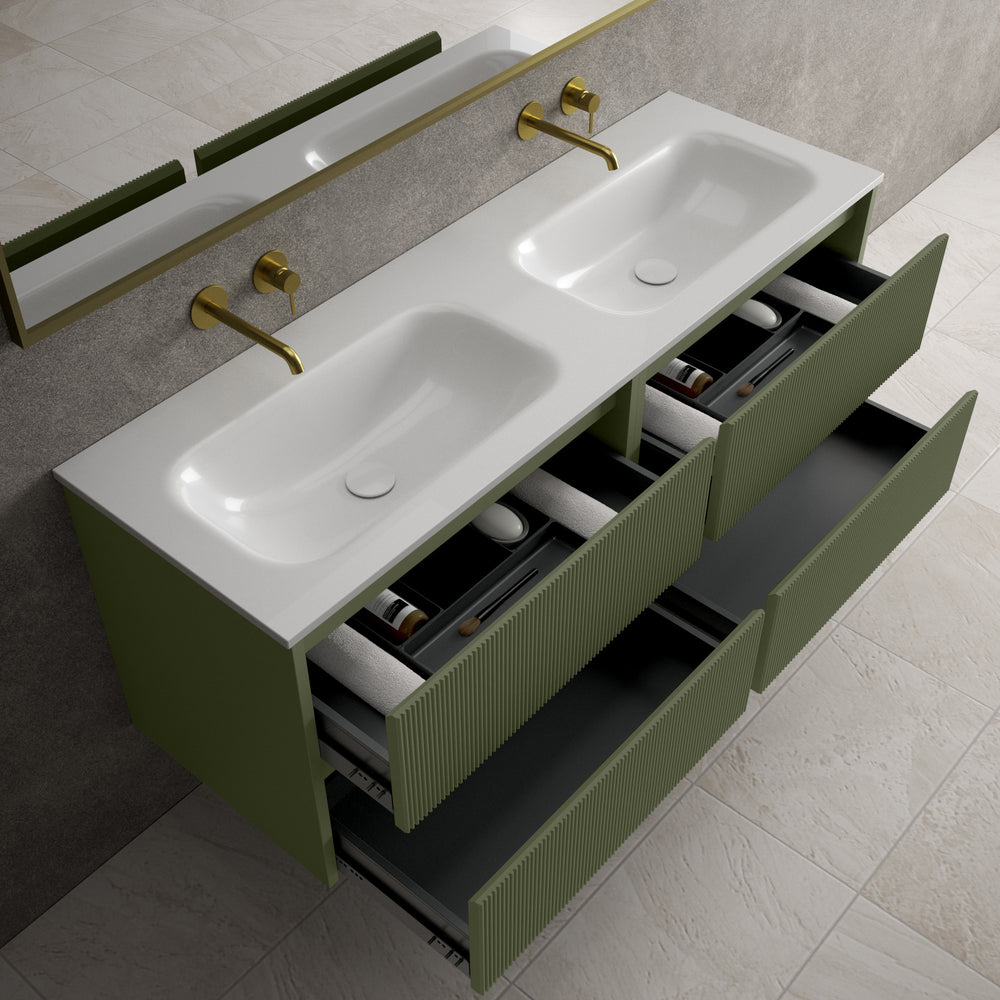 Scanalato Four Drawer Vanity Unit With Beyondstone Double Basin - Seaweed 1400mm