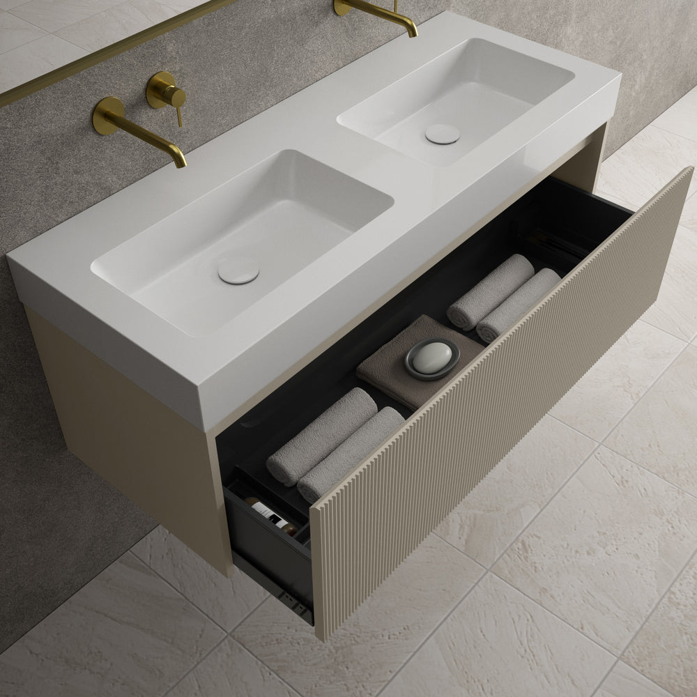 Scanalato Single Drawer Vanity Unit With Beyondstone BLOC Double Basin - Soft Taupe 1200mm