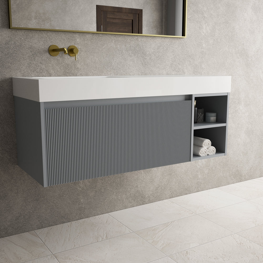 Scanalato Single Drawer Vanity Unit With Open Storage Space And Beyondstone BLOC Basin - Dove Grey 1200mm