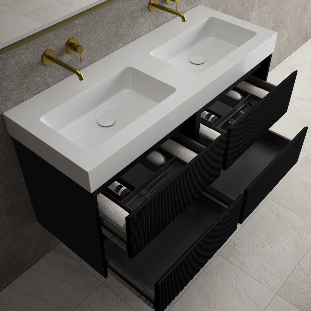 Scanalato Four Drawer Vanity Unit With Beyondstone BLOC Double Basin - Pure Black 1200mm