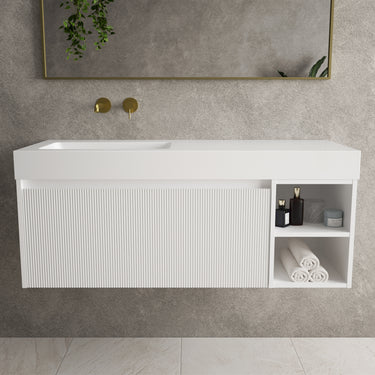 Scanalato Single Drawer Vanity Unit With Open Storage Space And Beyondstone BLOC Basin - Pure White 1200mm