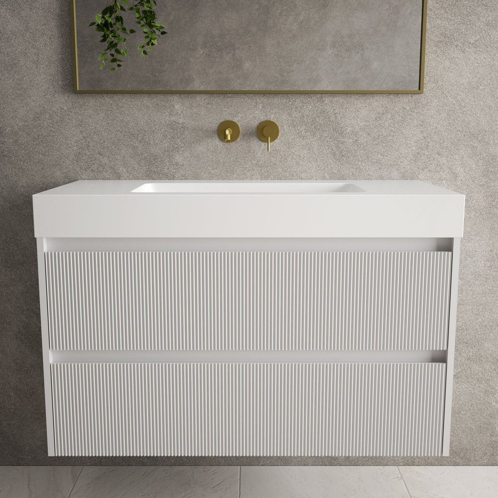 Scanalato Double Drawer Vanity Unit  With Beyondstone BLOC Basin - Soft Grey 1000mm