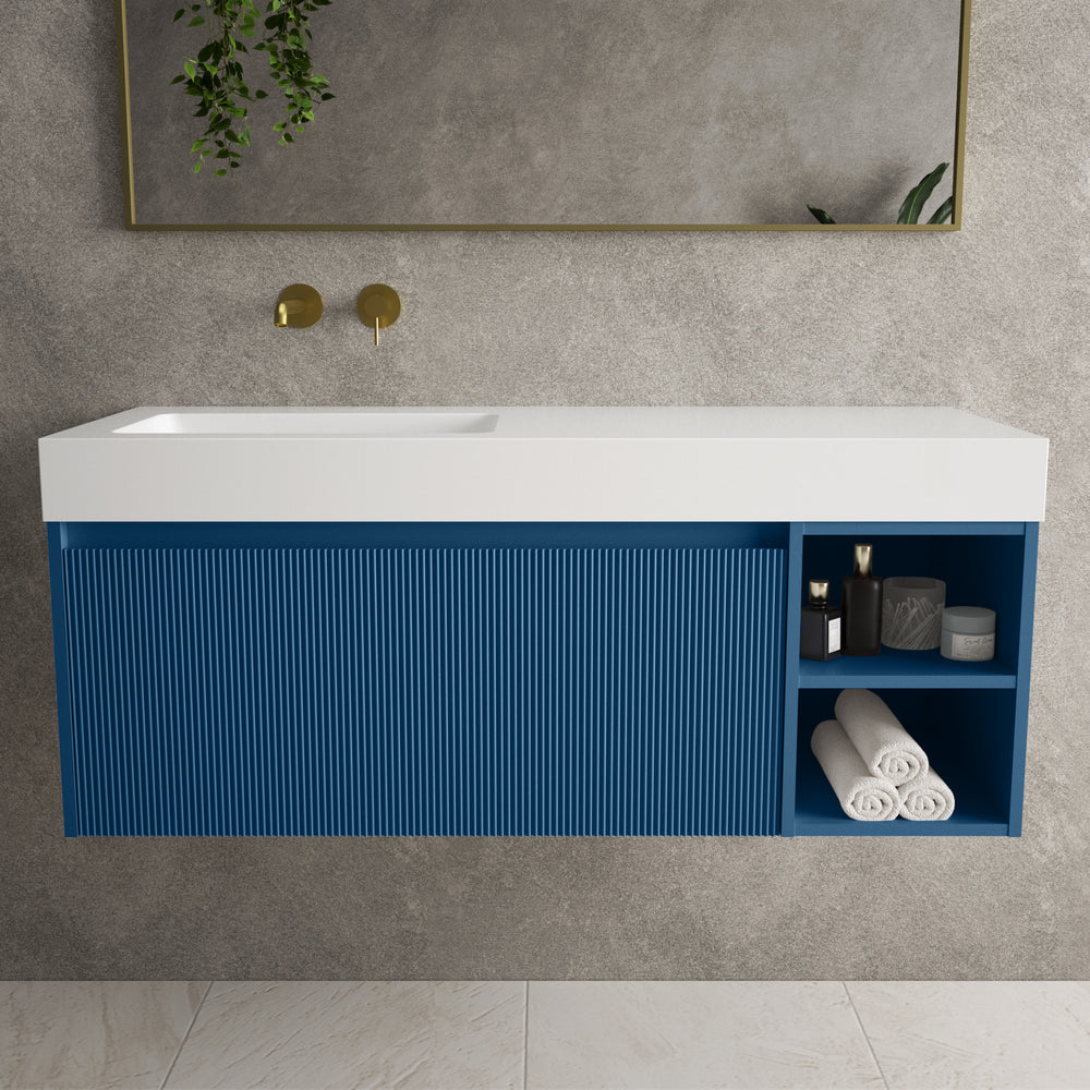 Scanalato Single Drawer Vanity Unit With Open Storage Space And Beyondstone BLOC Basin - Ocean Blue 1200mm
