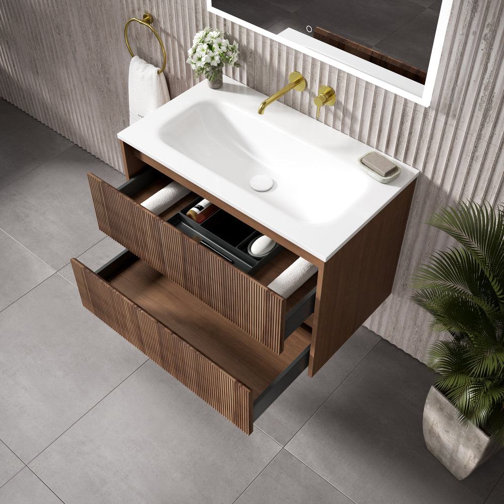 Scanalato Double Drawer Vanity Unit  With Beyondstone Basin - Walnut 800mm