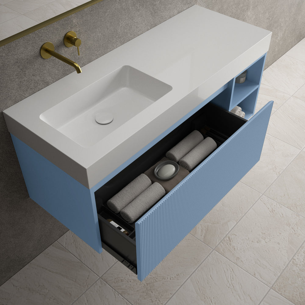 Scanalato Single Drawer Vanity Unit With Open Storage Space And Beyondstone BLOC Basin - Soft Blue 1200mm