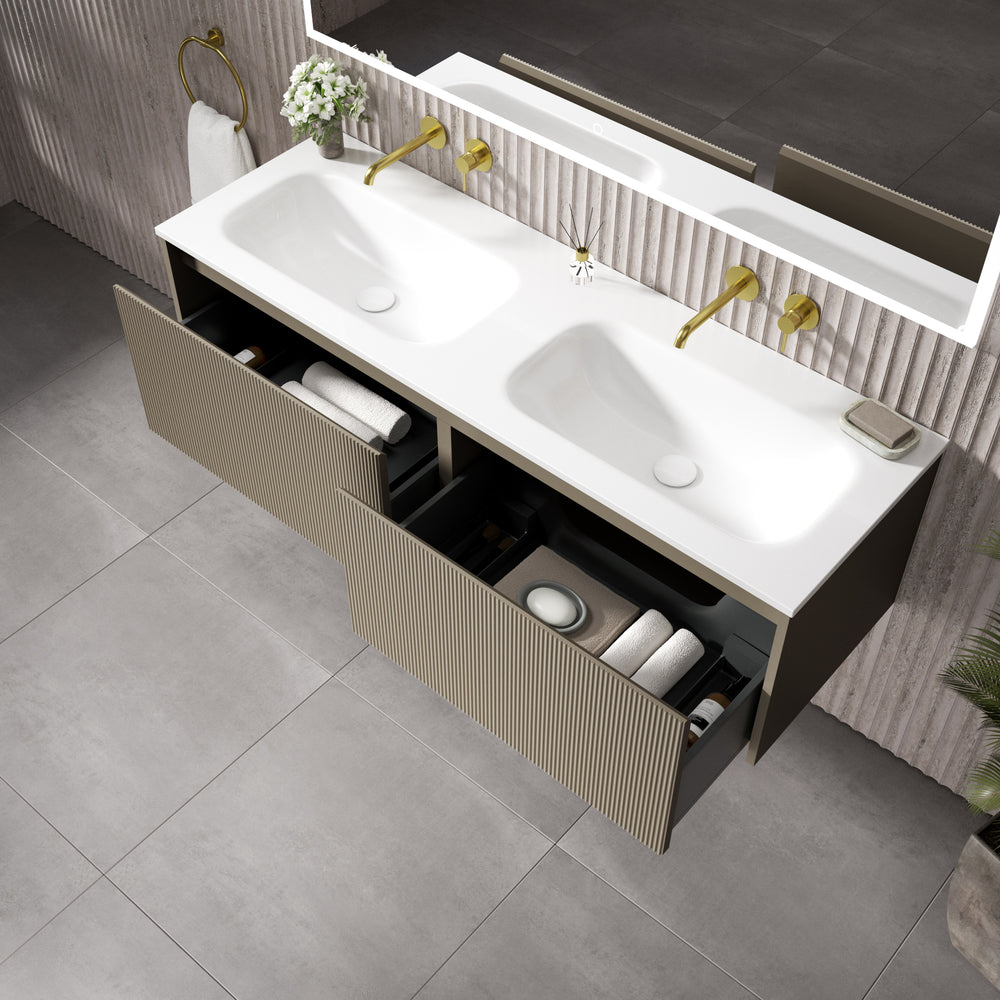 Scanalato Double Drawer Vanity Unit With Beyondstone Double Basin - Soft Taupe 1400mm