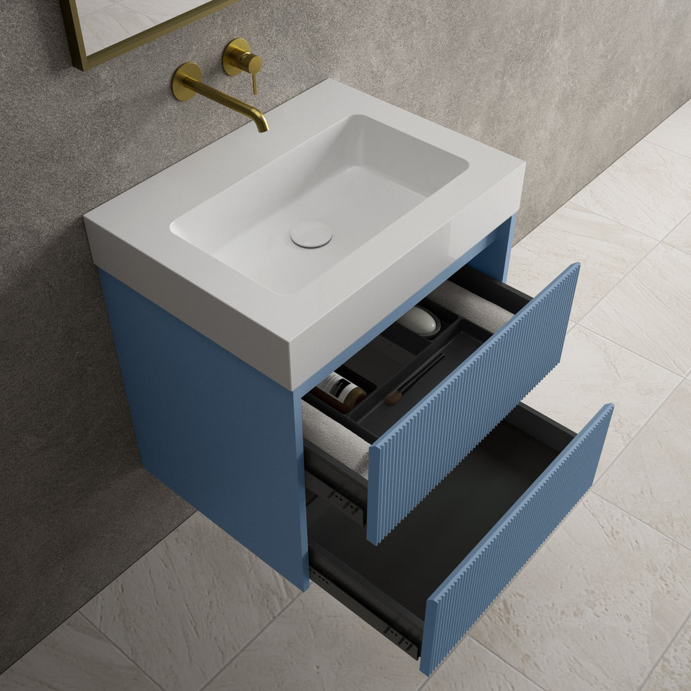 Scanalato Double Drawer Vanity Unit  With Beyondstone BLOC Basin - Soft Blue 600mm