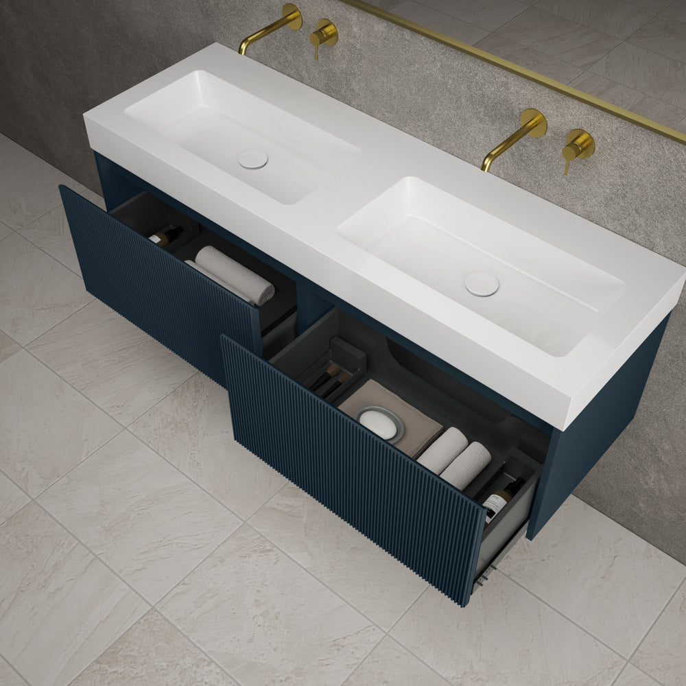 Scanalato Double Drawer Vanity Unit With Beyondstone BLOC Double Basin - Midnight Blue 1400mm