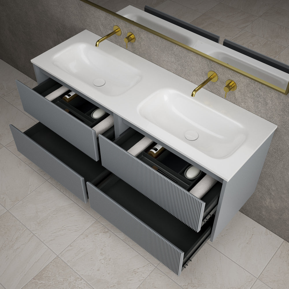 Scanalato Four Drawer Vanity Unit With Beyondstone Double Basin - Dove Grey 1400mm