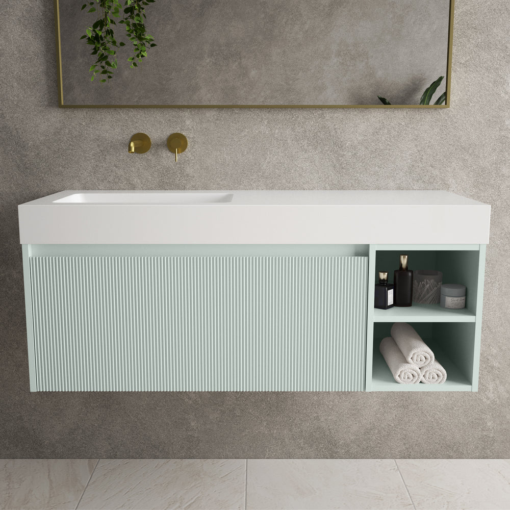 Scanalato Single Drawer Vanity Unit With Open Storage Space And Beyondstone BLOC Basin - Peppermint 1200mm