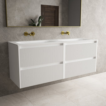 Scanalato Four Drawer Vanity Unit With Beyondstone Double Basin - Pure White 1400mm