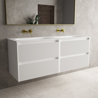 Scanalato Four Drawer Vanity Unit With Beyondstone Double Basin - Pure White 1400mm