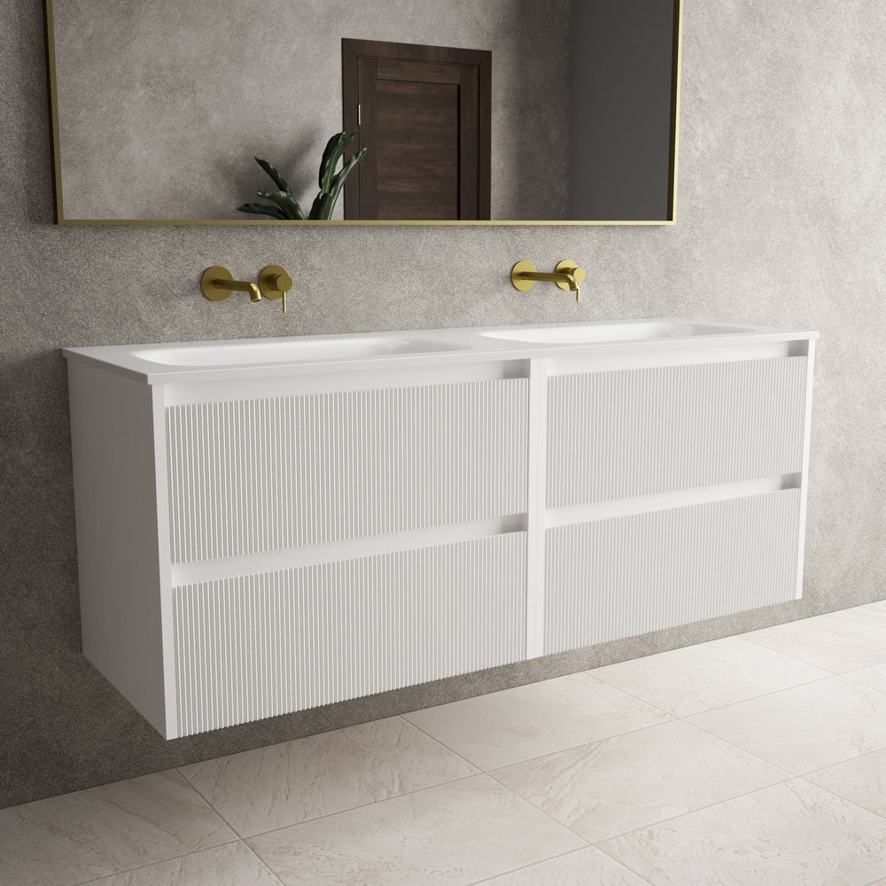 Scanalato Four Drawer Vanity Unit With Beyondstone Double Basin - Pure White 1400mm