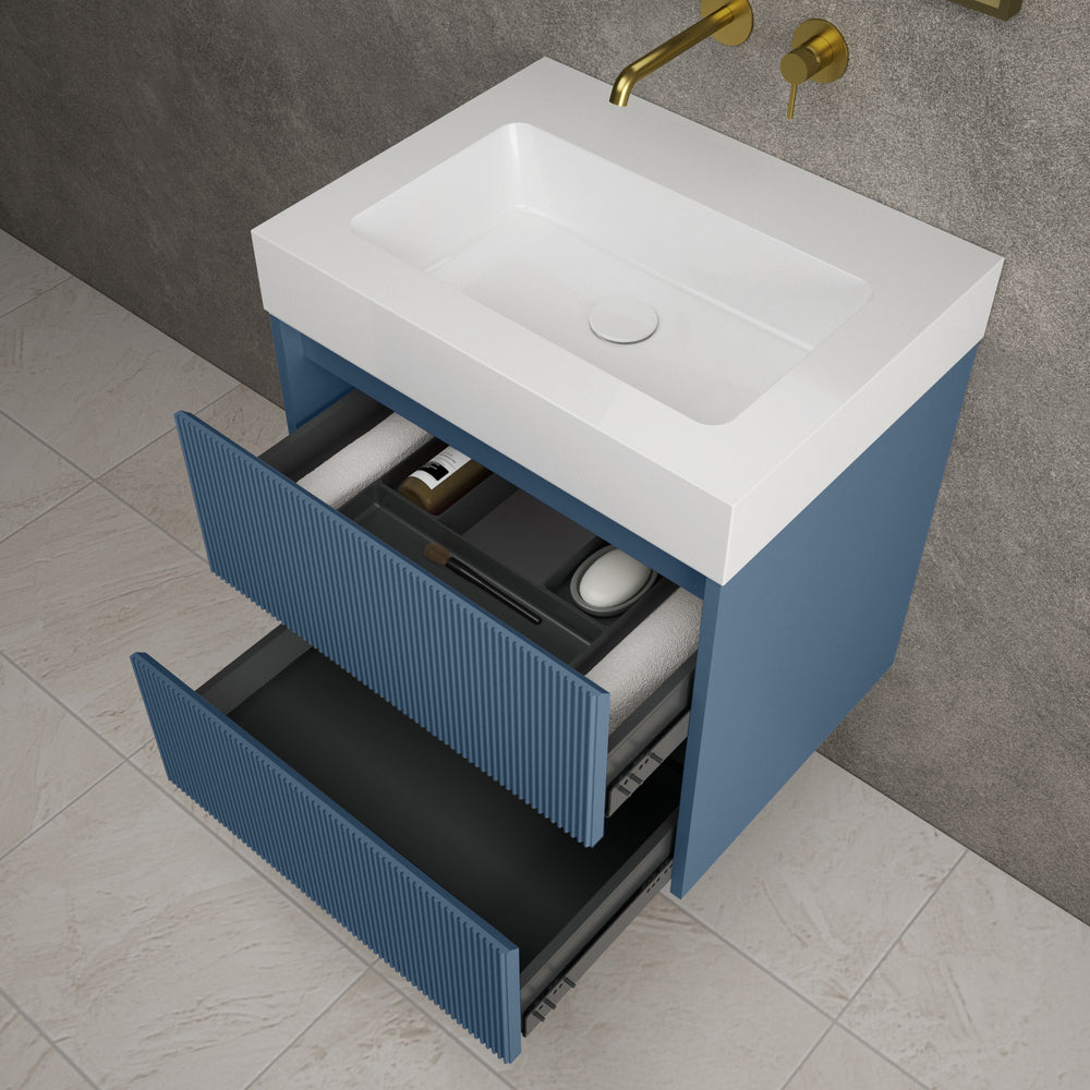 Scanalato Double Drawer Vanity Unit  With Beyondstone BLOC Basin - Soft Blue 600mm
