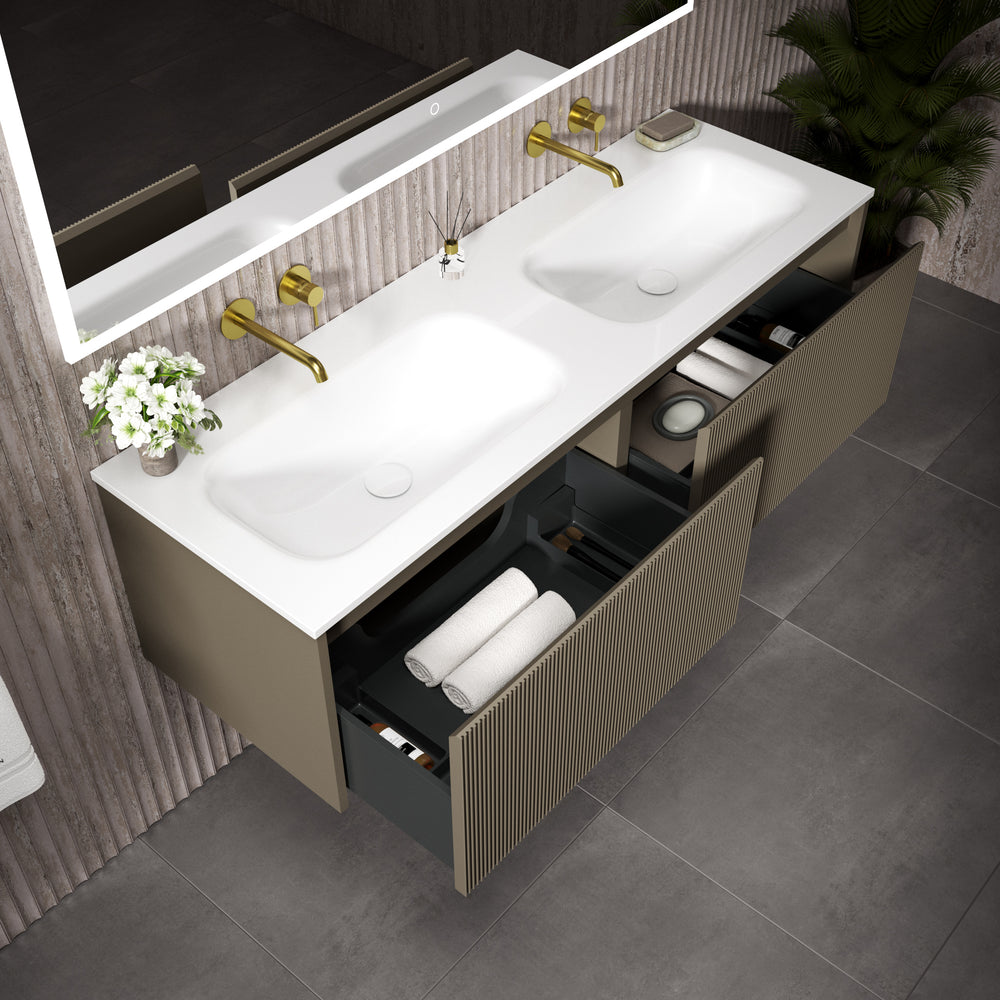 Scanalato Double Drawer Vanity Unit With Beyondstone Double Basin - Soft Taupe 1400mm