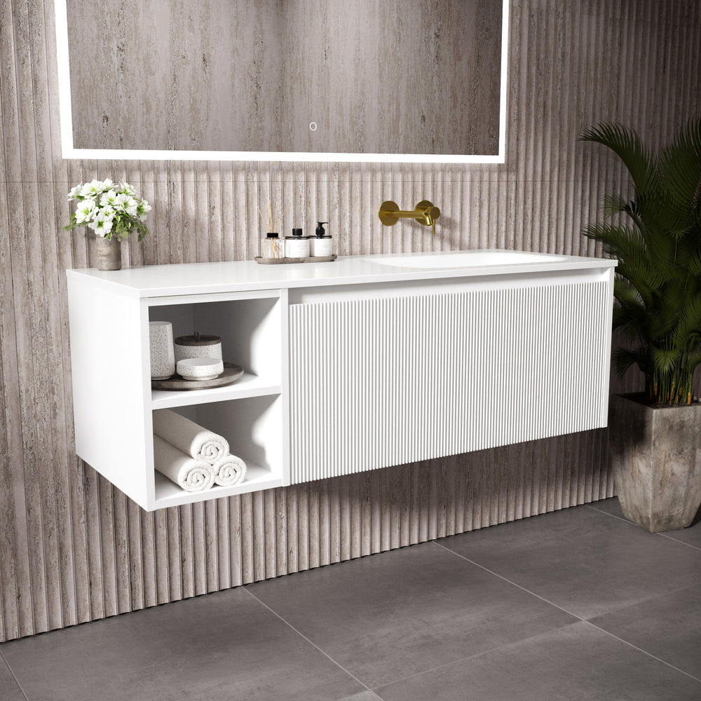 Scanalato Single Drawer Vanity Unit With Open Storage Space And Right Hand Beyondstone Basin - Pure White 1200mm