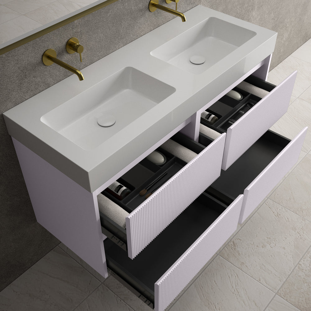 Scanalato Four Drawer Vanity Unit With Beyondstone BLOC Double Basin - Soft Violet 1200mm