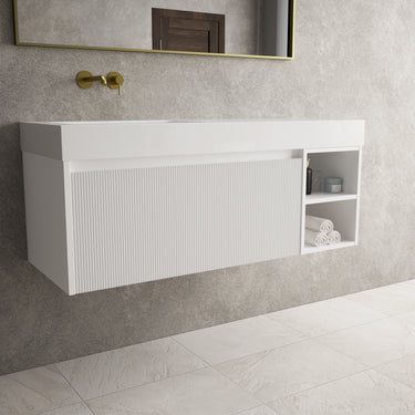 Scanalato Single Drawer Vanity Unit With Open Storage Space And Beyondstone BLOC Basin - Pure White 1200mm