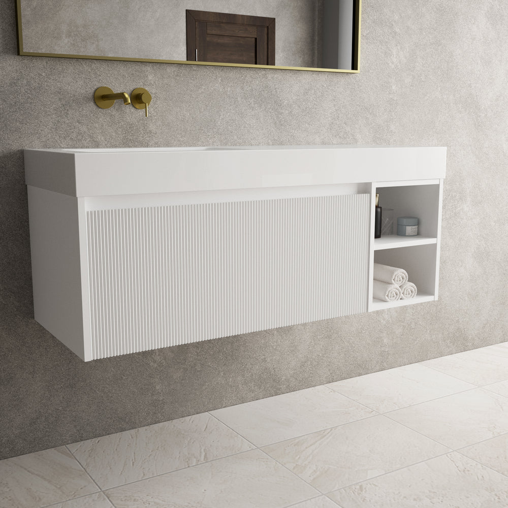 Scanalato Single Drawer Vanity Unit With Open Storage Space And Beyondstone BLOC Basin - Pure White 1200mm