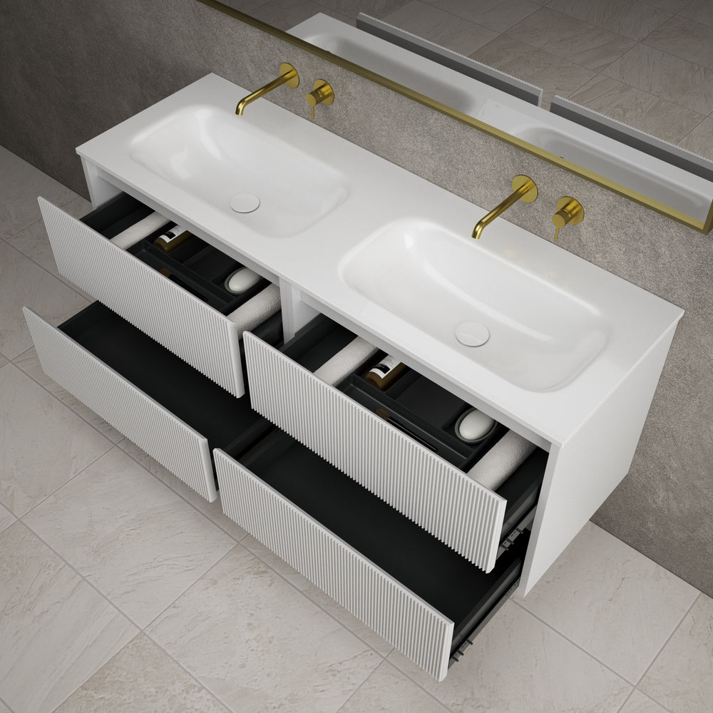 Scanalato Four Drawer Vanity Unit With Beyondstone Double Basin - Soft Grey 1400mm