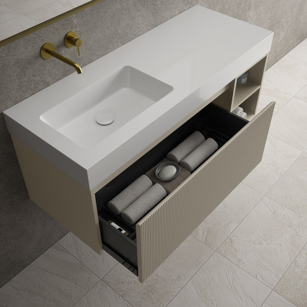 Scanalato Single Drawer Vanity Unit With Open Storage Space And Beyondstone BLOC Basin - Soft Taupe 1200mm