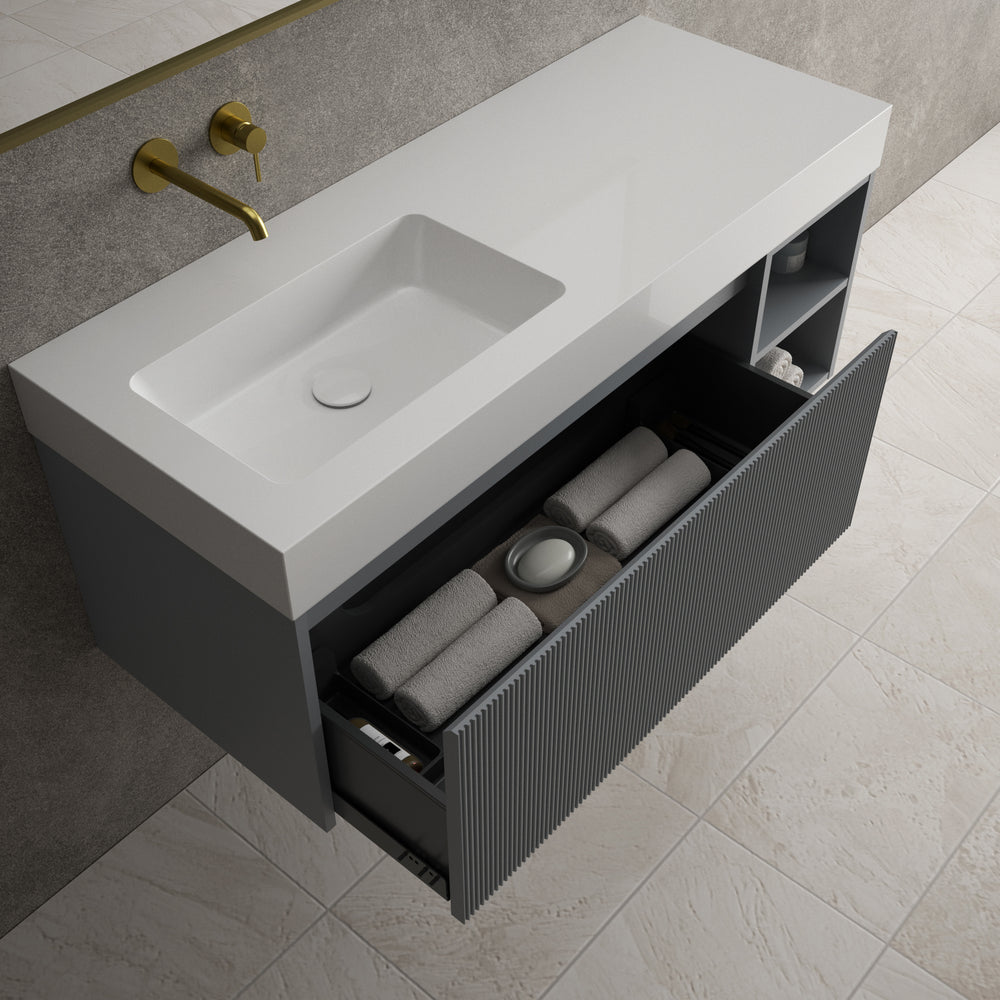 Scanalato Single Drawer Vanity Unit With Open Storage Space And Beyondstone BLOC Basin - Dove Grey 1200mm