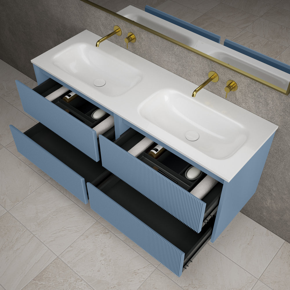 Scanalato Four Drawer Vanity Unit With Beyondstone Double Basin - Soft Blue 1400mm