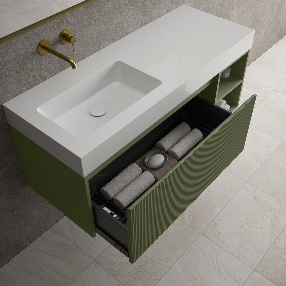 Scanalato Single Drawer Vanity Unit With Open Storage Space And Beyondstone BLOC Basin - Seaweed 1200mm