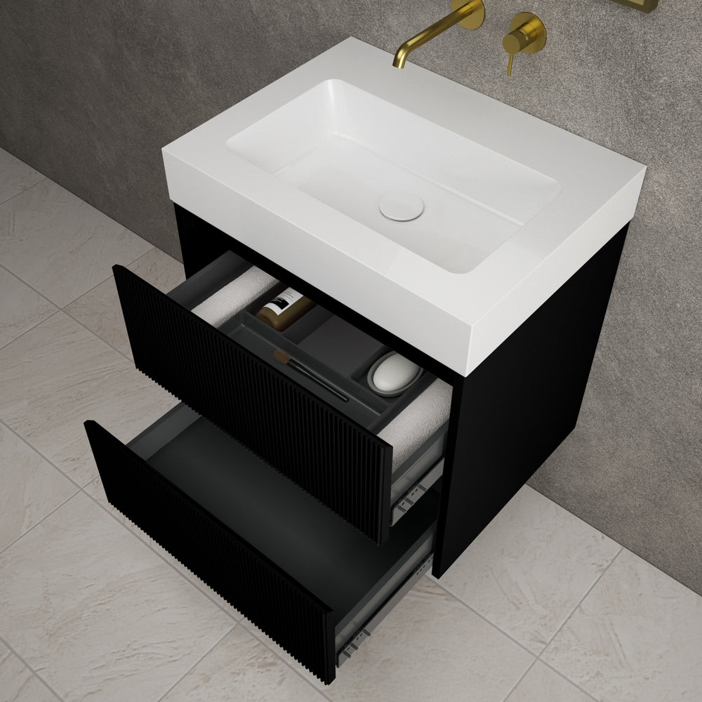 Scanalato Double Drawer Vanity Unit  With Beyondstone BLOC Basin - Pure Black 600mm