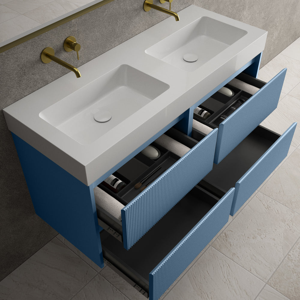 Scanalato Four Drawer Vanity Unit With Beyondstone BLOC Double Basin - Soft Blue 1200mm