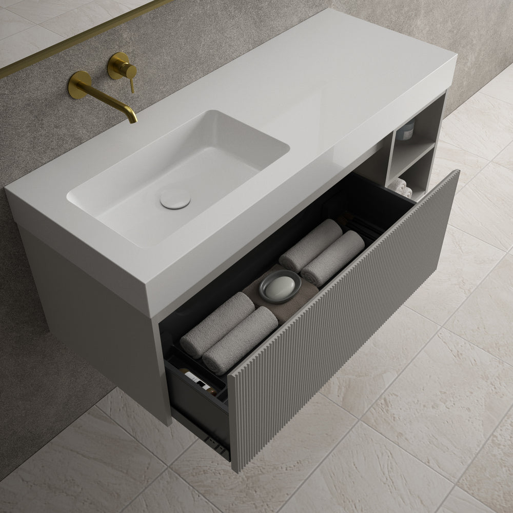 Scanalato Single Drawer Vanity Unit With Open Storage Space And Beyondstone BLOC Basin - Rich Taupe 1200mm