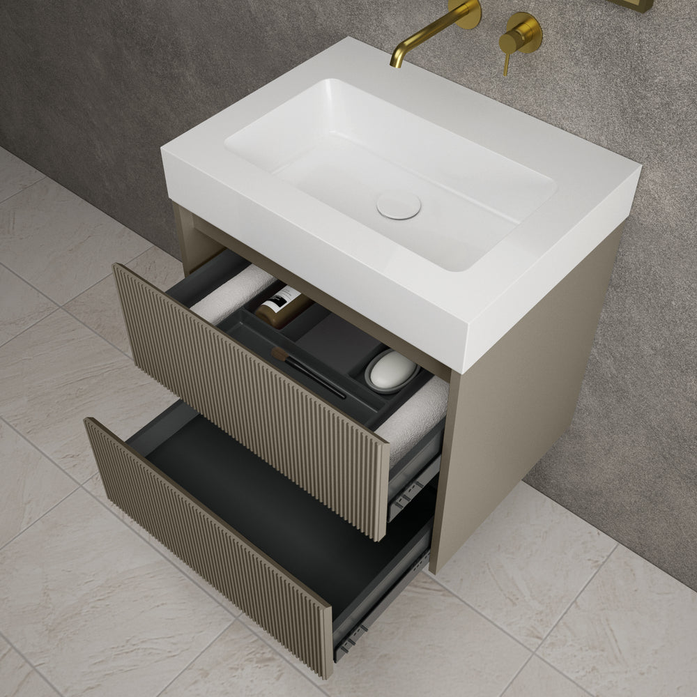 Scanalato Double Drawer Vanity Unit  With Beyondstone BLOC Basin - Soft Taupe 600mm