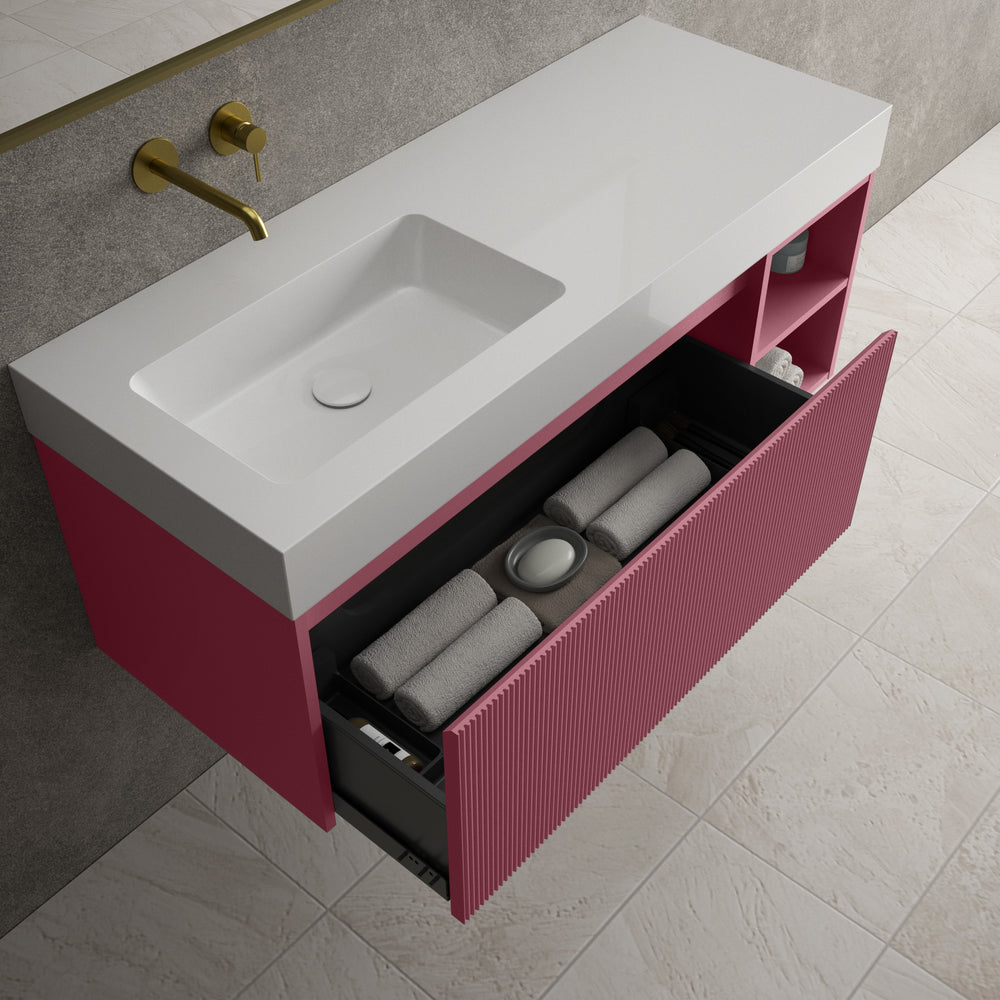 Scanalato Single Drawer Vanity Unit With Open Storage Space And Beyondstone BLOC Basin - Mineral Red 1200mm